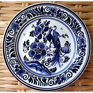 Antique Delft 5.5" Plate Handpainted Koninklijke Goedewaagen Holland Bird Floral